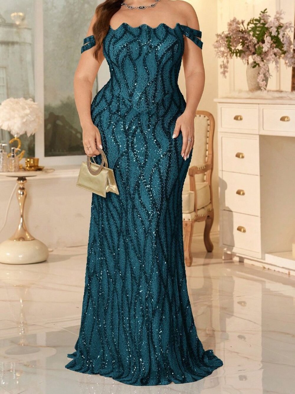 Teal Blue Elegant Women's Plus-Size Sequined Off-The-Shoulder Dress